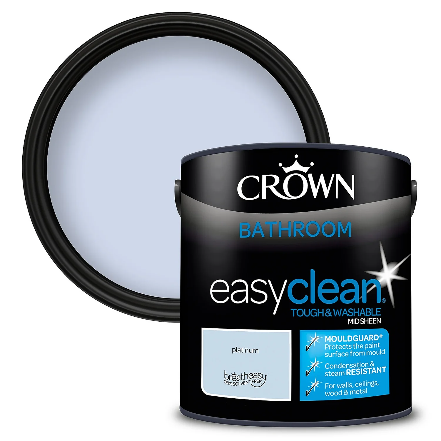 Crown Easyclean® Mouldguard+ Bathroom Mid Sheen Washable Multi Surface Paint Platinum® - 2.5L 1 Crown Easyclean® Mouldguard+ Bathroom Mid Sheen Washable Multi Surface Paint Platinum® - 2.5L