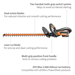 Worx WG260E.5 20V 2.0Ah Cordless Hedge Trimmer - 61cm -Home Decor Shop 13326412 9914900646513268