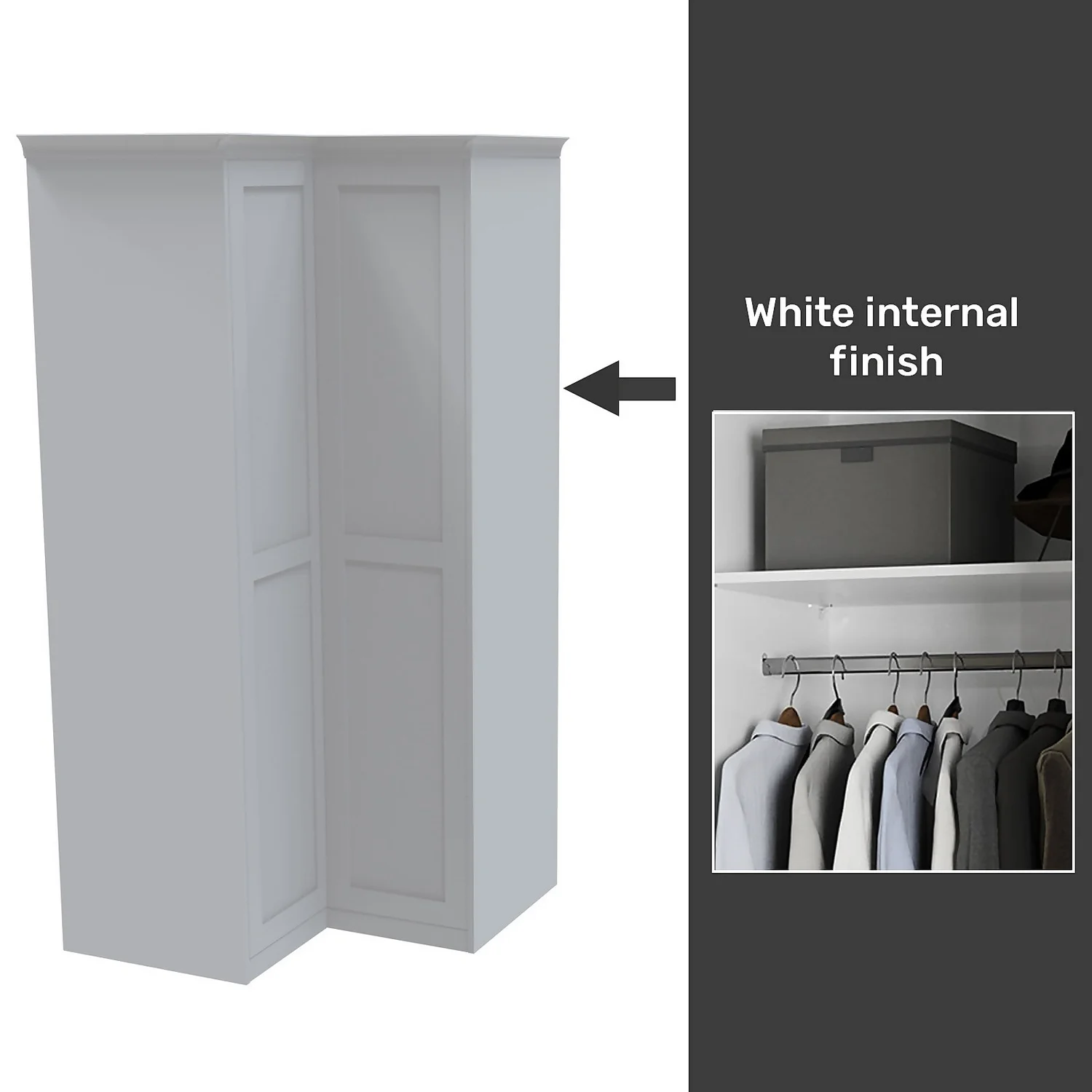 House Beautiful Realm Fitted Look Corner Wardrobe, White Carcass - White Shaker Doors (W) 1103mm X (H) 2256mm 1 House Beautiful Realm Fitted Look Corner Wardrobe, White Carcass - White Shaker Doors (W) 1103mm X (H) 2256mm